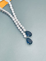 PAULINA - Delicate Lariat-look Necklace With Two Smaller Sapphire Blue Teardrop CZ Stones In Silver - JohnnyB Jewelry