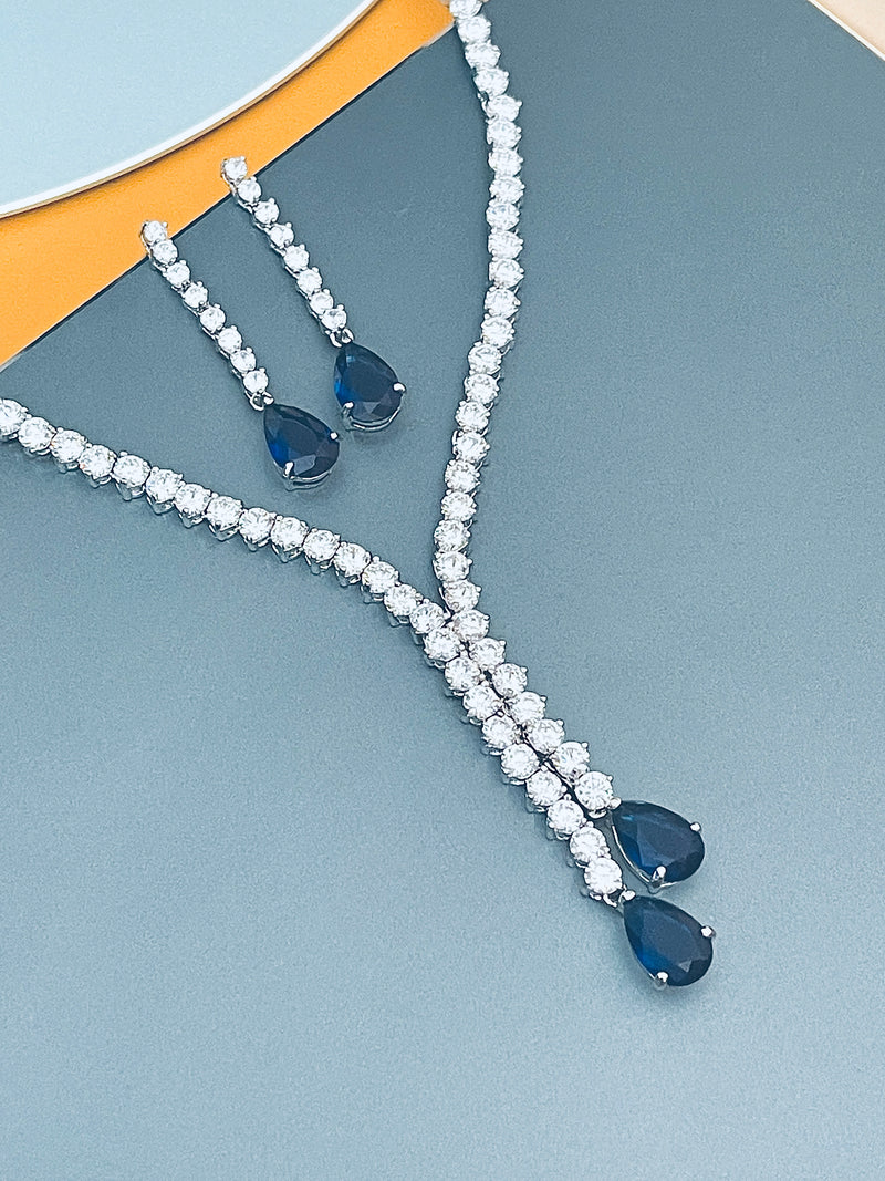 PAULINA - Delicate Lariat-look Necklace With Two Smaller Sapphire Blue Teardrop CZ Stones In Silver - JohnnyB Jewelry