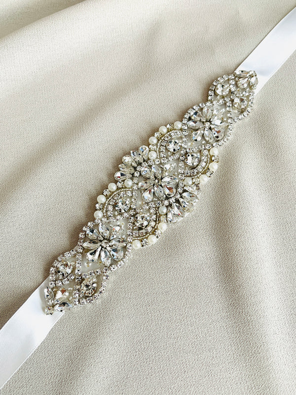 LILIKA - Multi-Shaped Flower Crystal Belt Sash In Silver