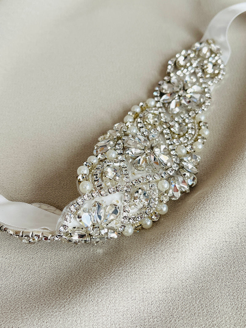 VALENCIA - Multi-Shaped Crystal Weaving Belt Sash In Silver