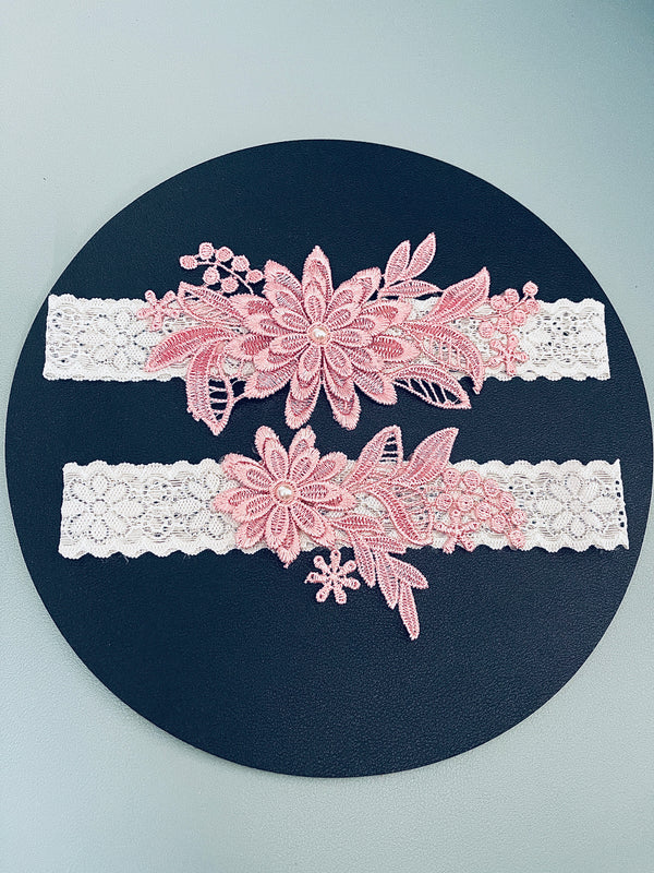 ANNE - 2Pcs Set Pink Lace Floral Garter
