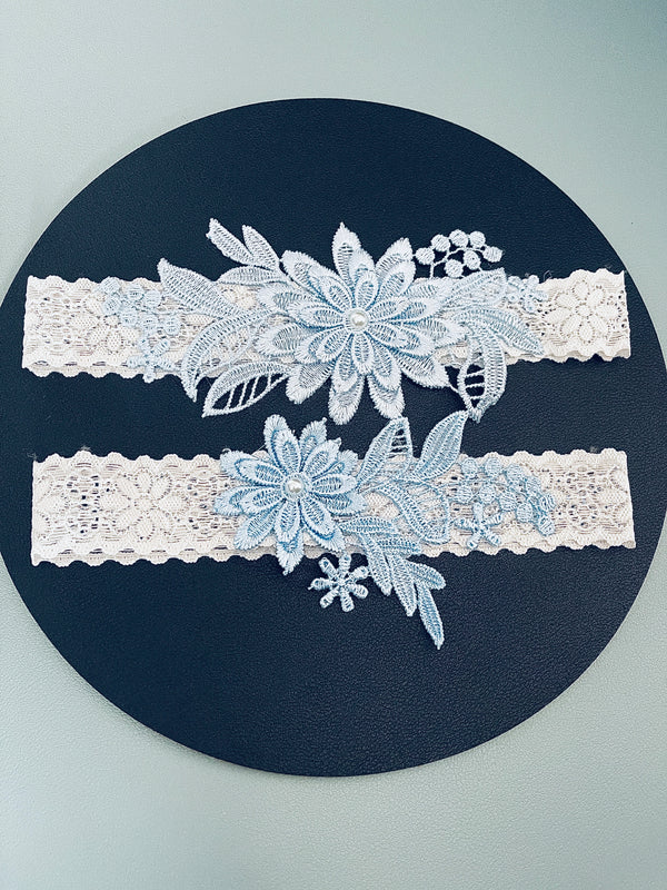 ANNE - 2Pcs Set Light Blue Lace Floral Garter