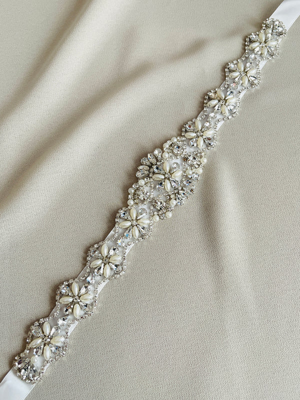 ELIZA - Pearl and Crystal Floral Detail In Silver