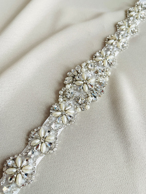 ELIZA - Pearl and Crystal Floral Detail In Silver