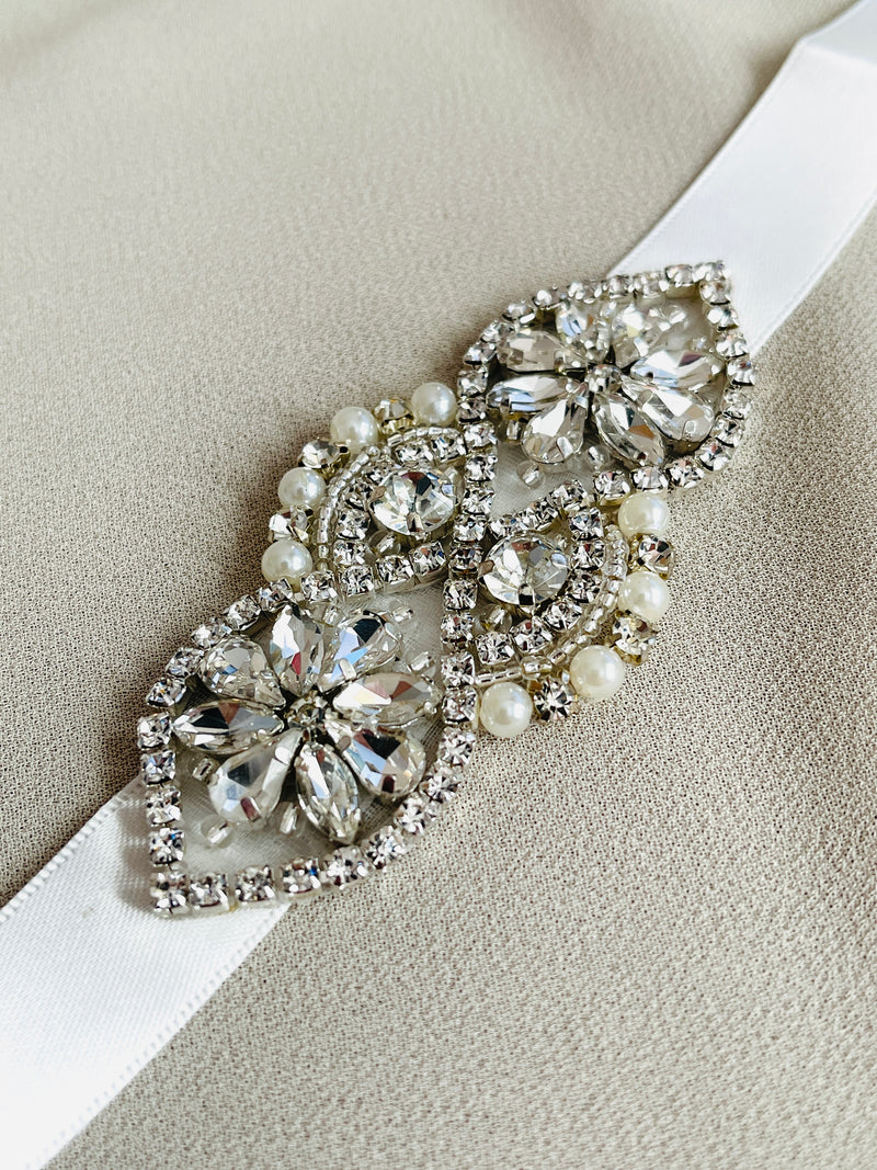 INGRID - Mini Crystal And Pearl Weave Belt Sash In Silver