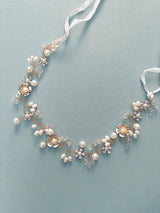 ARETHA - Delicate Flower And Sprays Of Crystal And Pearls Hair Piece In Gold
