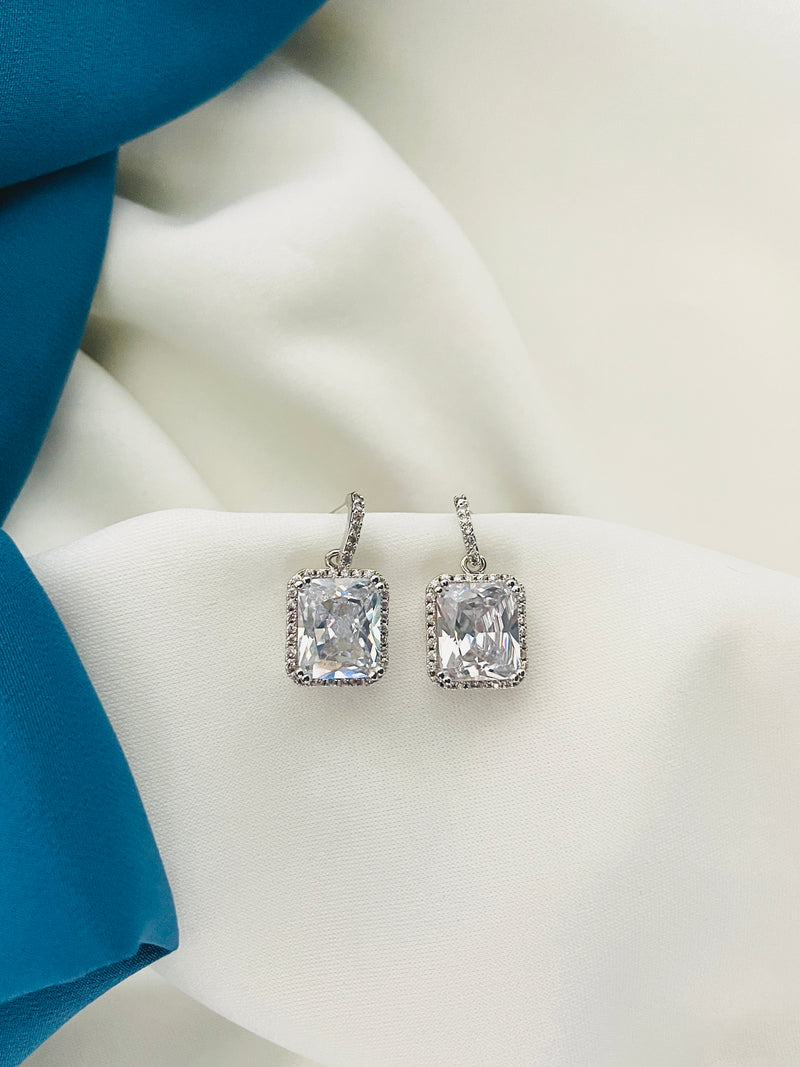 AINSLEY - Square Dangle CZ Crystal Drop Earrings In Silver - JohnnyB Jewelry