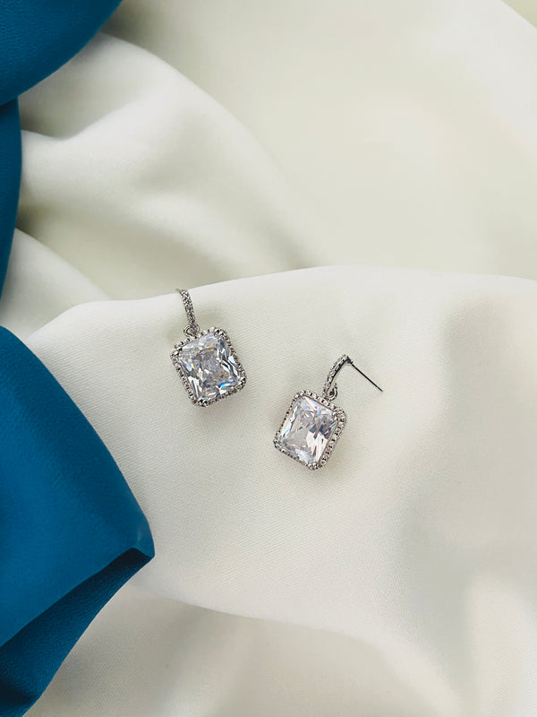 AINSLEY - Square Dangle CZ Crystal Drop Earrings In Silver - JohnnyB Jewelry