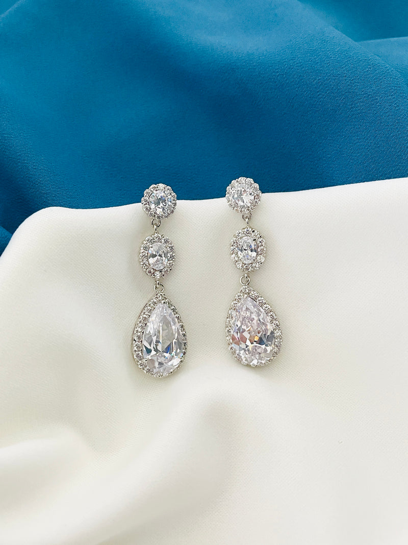 ANNABEL - Triple Long Teardrop Crystal Earrings In Silver - JohnnyB Jewelry
