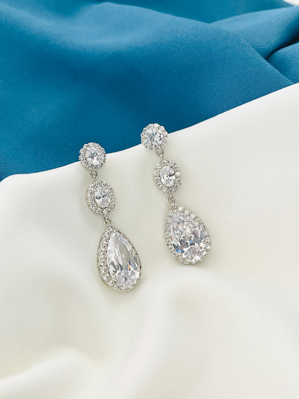 ANNABEL - Triple Long Teardrop Crystal Earrings In Silver - JohnnyB Jewelry