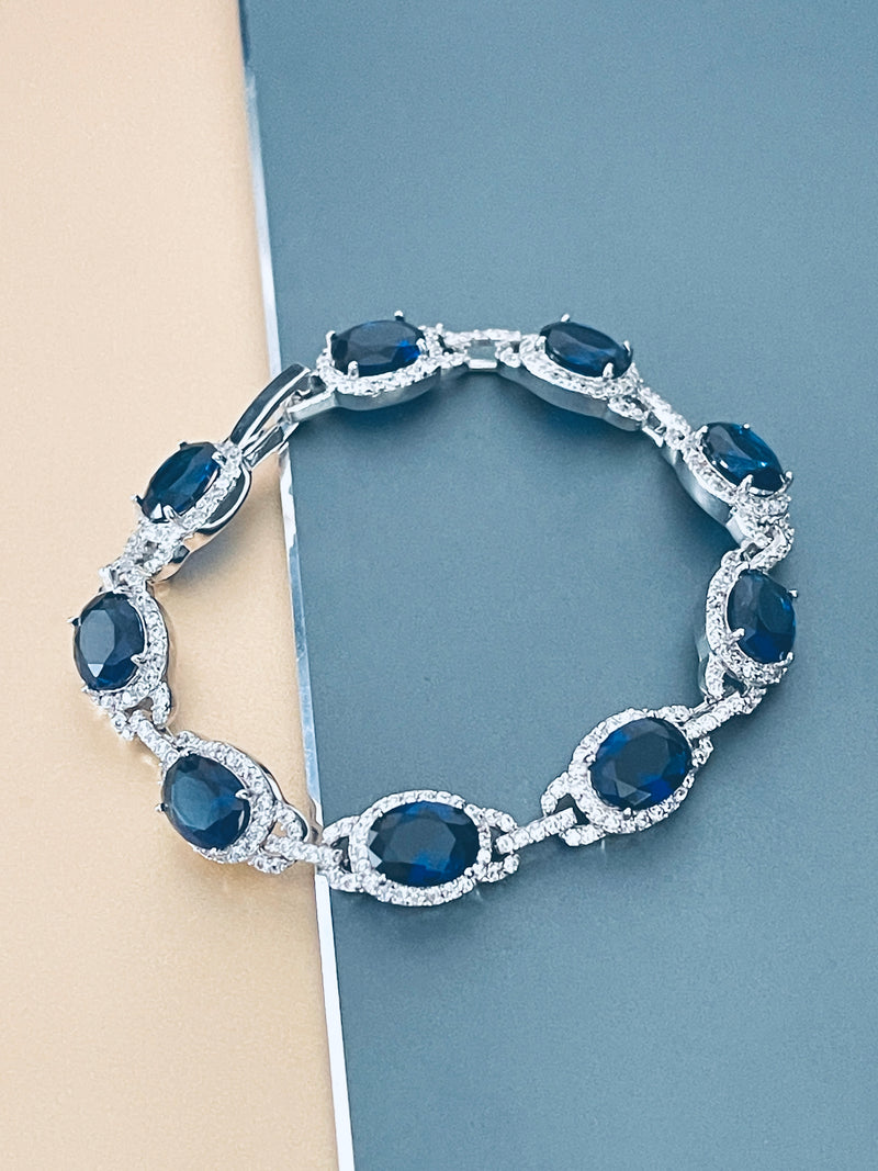 INDIGO - 7" Opulent Large Sapphire Blue CZ Stones Settings Bracelet In Silver - JohnnyB Jewelry