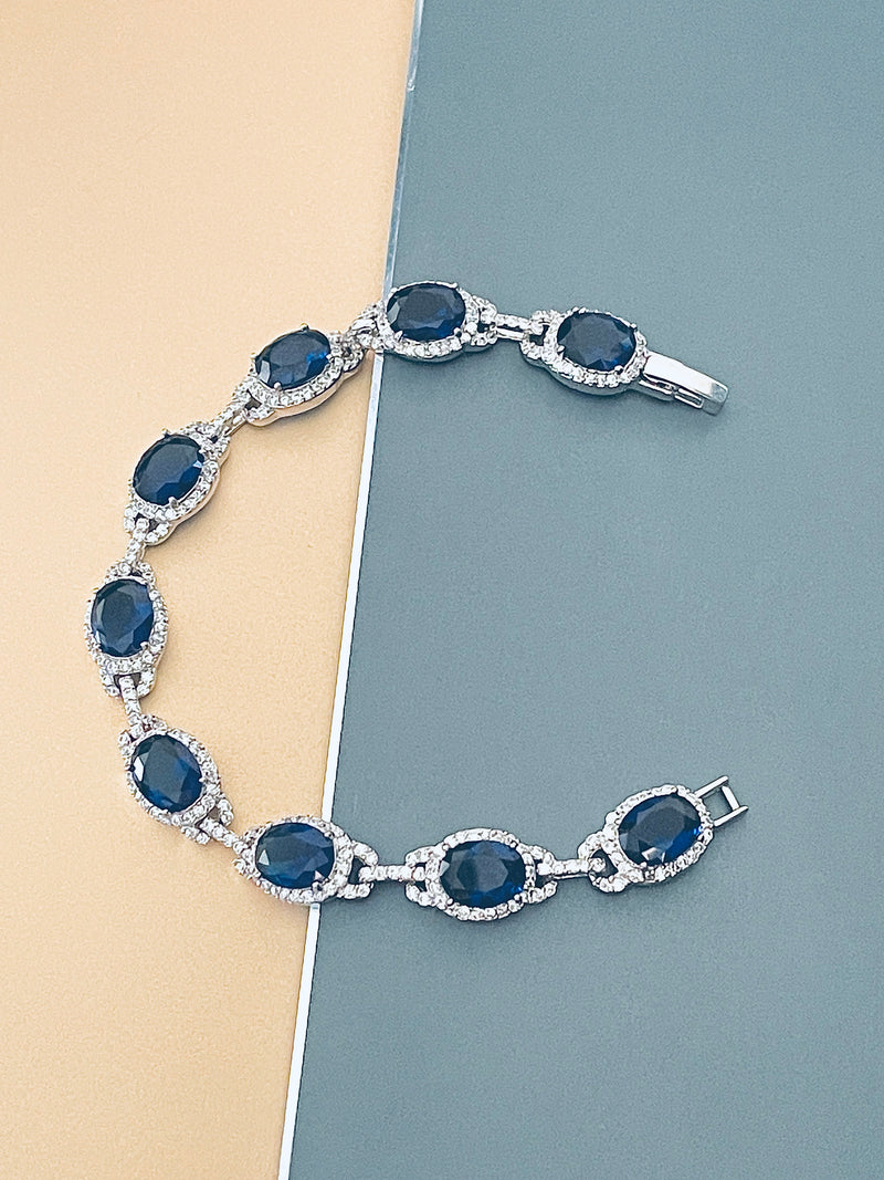 INDIGO - 7" Opulent Large Sapphire Blue CZ Stones Settings Bracelet In Silver - JohnnyB Jewelry