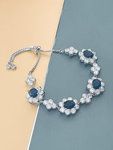 CLAUDIA - Sapphire Blue Stones In Ornate CZ Settings Adjustable Bracelet In Silver - JohnnyB Jewelry