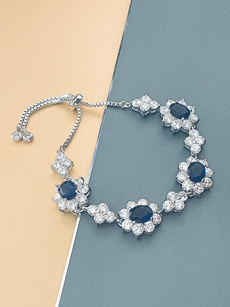 CLAUDIA - Sapphire Blue Stones In Ornate CZ Settings Adjustable Bracelet In Silver - JohnnyB Jewelry