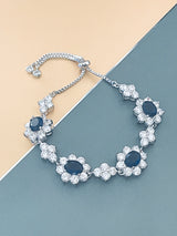 CLAUDIA - Sapphire Blue Stones In Ornate CZ Settings Adjustable Bracelet In Silver - JohnnyB Jewelry