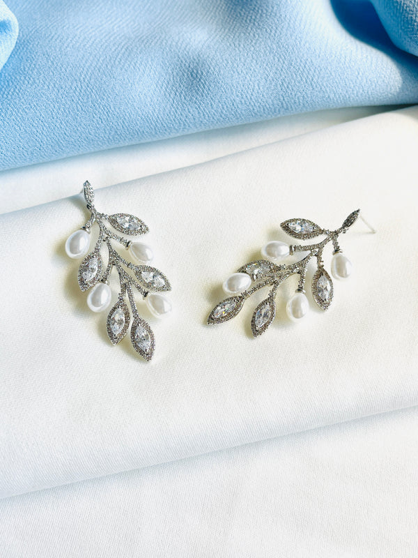 AVALON - Crystal Leaf And Freshwater Pearl Berry Drop Earrings In Silver - JohnnyB Jewelry