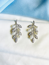 AVALON - Crystal Leaf And Freshwater Pearl Berry Drop Earrings In Silver - JohnnyB Jewelry