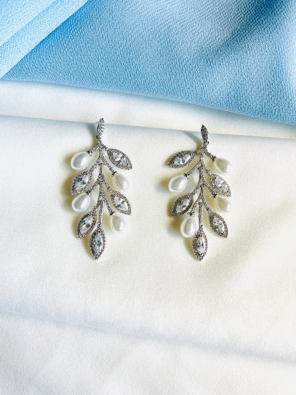 AVALON - Crystal Leaf And Freshwater Pearl Berry Drop Earrings In Silver - JohnnyB Jewelry