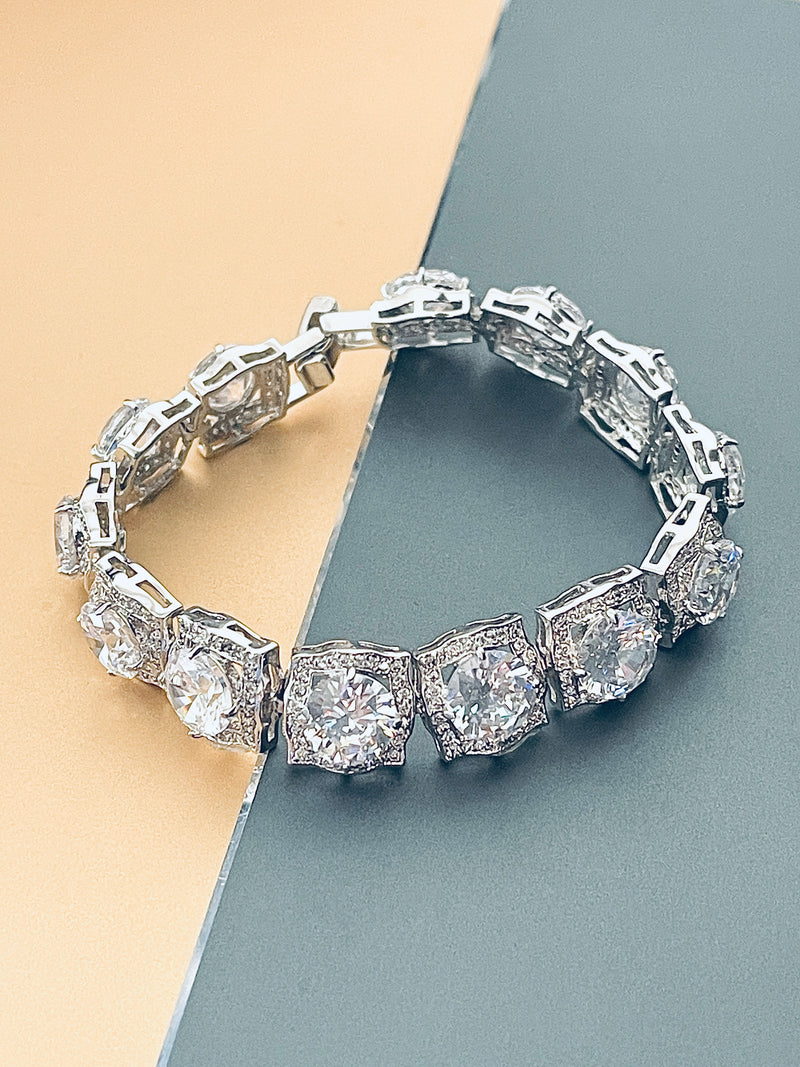 LEILANI - 7.5" Large CZ Stones In Squared CZ Settings Bracelet In Silver - JohnnyB Jewelry