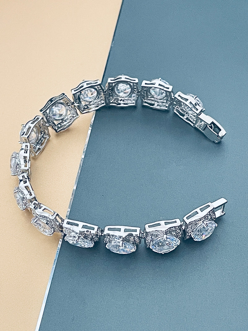 LEILANI - 7.5" Large CZ Stones In Squared CZ Settings Bracelet In Silver - JohnnyB Jewelry