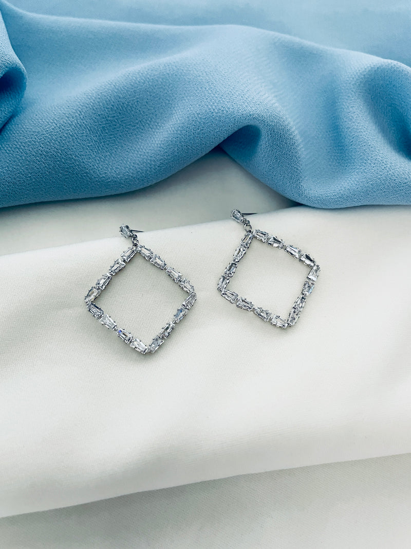 CHARIS - Crystal Stud-Fastened Diamond-Shaped Drop Hoop Earrings In Silver