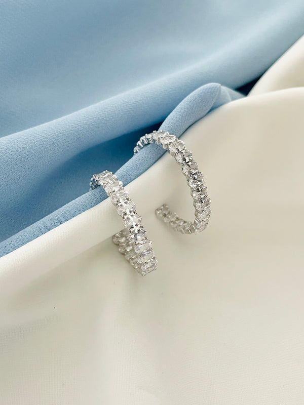 LACEY - Oval-Shaped CZ Hoop Earrings In Silver