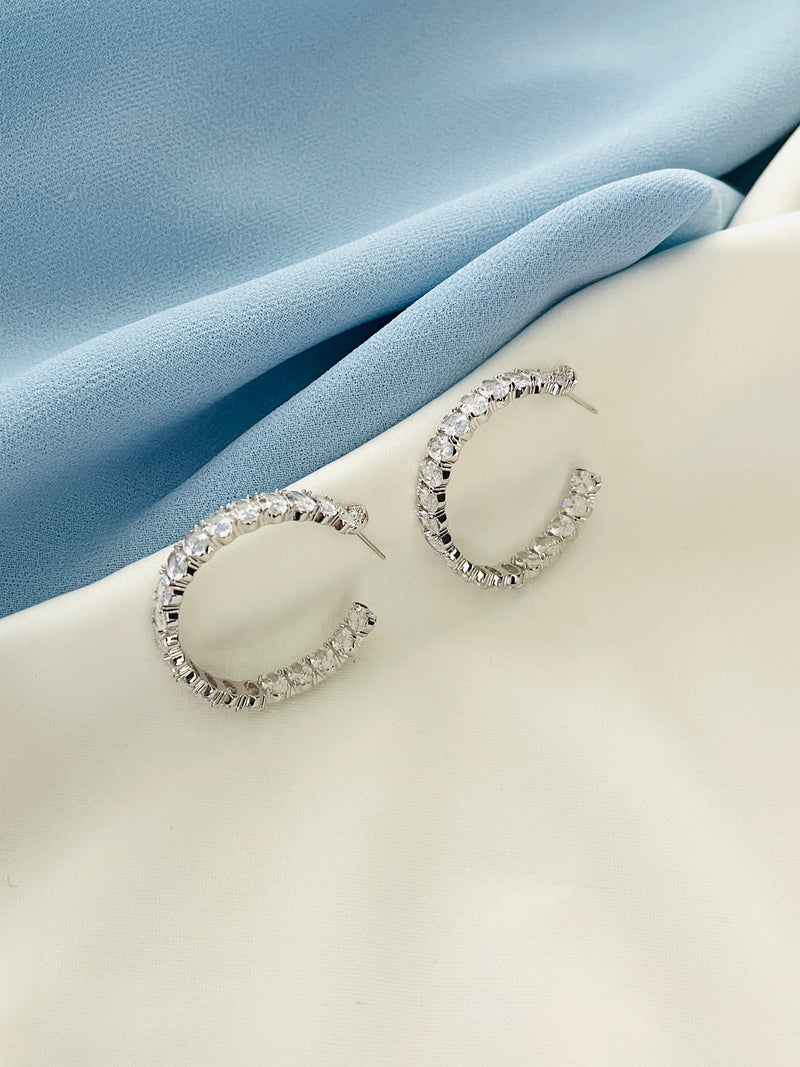 LACEY - Oval-Shaped CZ Hoop Earrings In Silver
