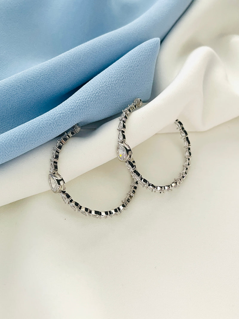 MIREYA - Pear-Shaped CZ Hoop Earrings In Silver