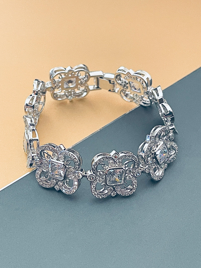 MERIDETH - 6.5" Multi-Shaped CZ  Flower Bracelet In Silver - JohnnyB Jewelry