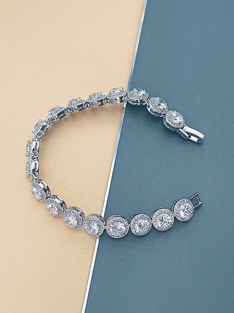 ONEIDA - 7" Larger Round CZ Stones In Small Round CZ Setting Bracelet In Silver - JohnnyB Jewelry