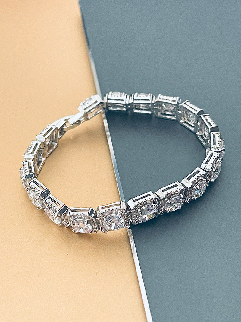 PIPER - 7" Larger Round CZ Stones In Square CZ Setting Bracelet In Silver - JohnnyB Jewelry