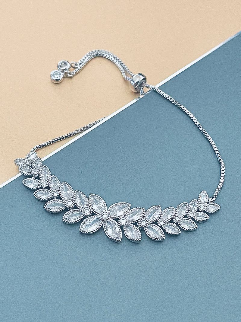 ROXANA - Leaf-Shaped Marquise CZs Adjustable Bracelet In Silver - JohnnyB Jewelry