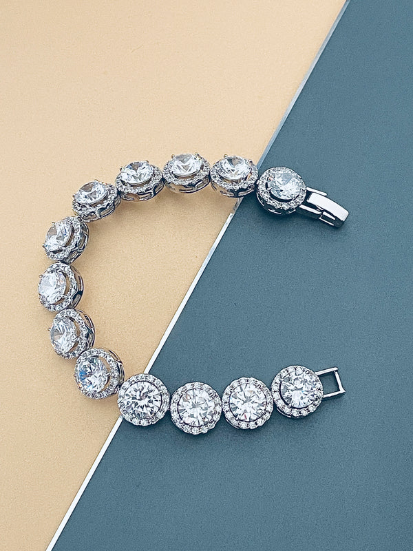 SHAVONNE - Round CZ Stones in Small CZ Setting Bracelet In Silver - JohnnyB Jewelry