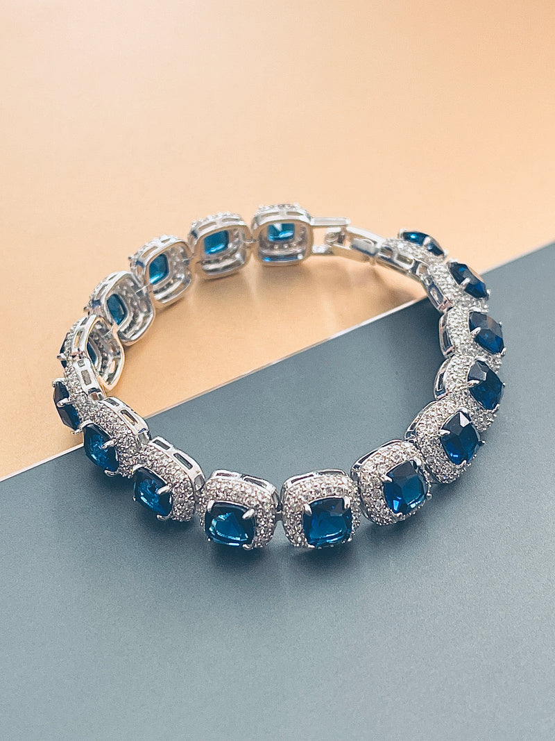 VENICE - 6.5" Large Sapphire Blue Czs in Rounded-Square Pave Setting Bracelet In Silver - JohnnyB Jewelry