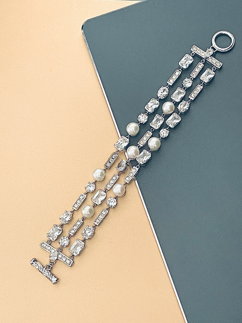 BRYONIE - 7" Delicate Three-strand Freshwater Pearl And CZ Bracelet In Silver - JohnnyB Jewelry