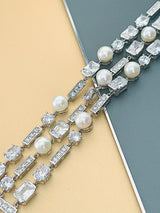 BRYONIE - 7" Delicate Three-strand Freshwater Pearl And CZ Bracelet In Silver - JohnnyB Jewelry