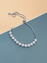 JASMINE - Links Of Flower-Shaped Round CZs Adjustable Bracelet In Silver - JohnnyB Jewelry