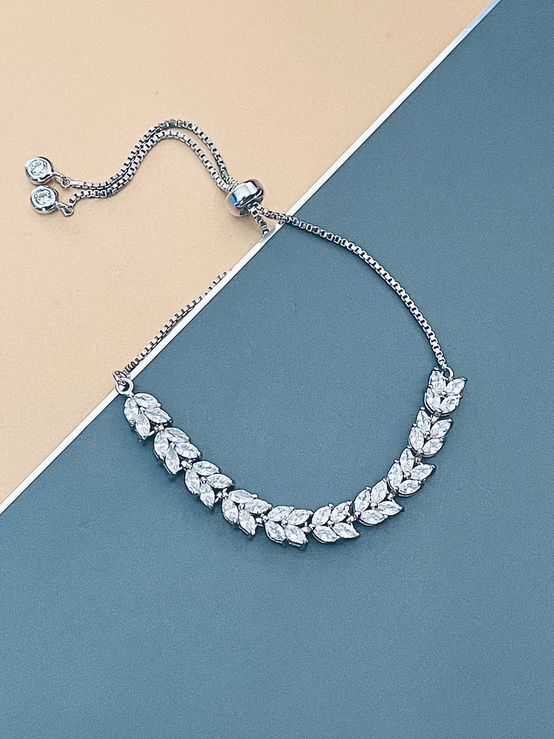 PAULETTE - Leaf-Patterned Marquise CZ Adjustable Bracelet In Silver - JohnnyB Jewelry