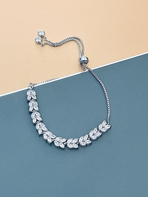 PAULETTE - Leaf-Patterned Marquise CZ Adjustable Bracelet In Silver - JohnnyB Jewelry