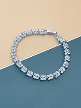 PAULETTE - 7" Leaf-Patterned Marquise CZ Bracelet In Silver - JohnnyB Jewelry
