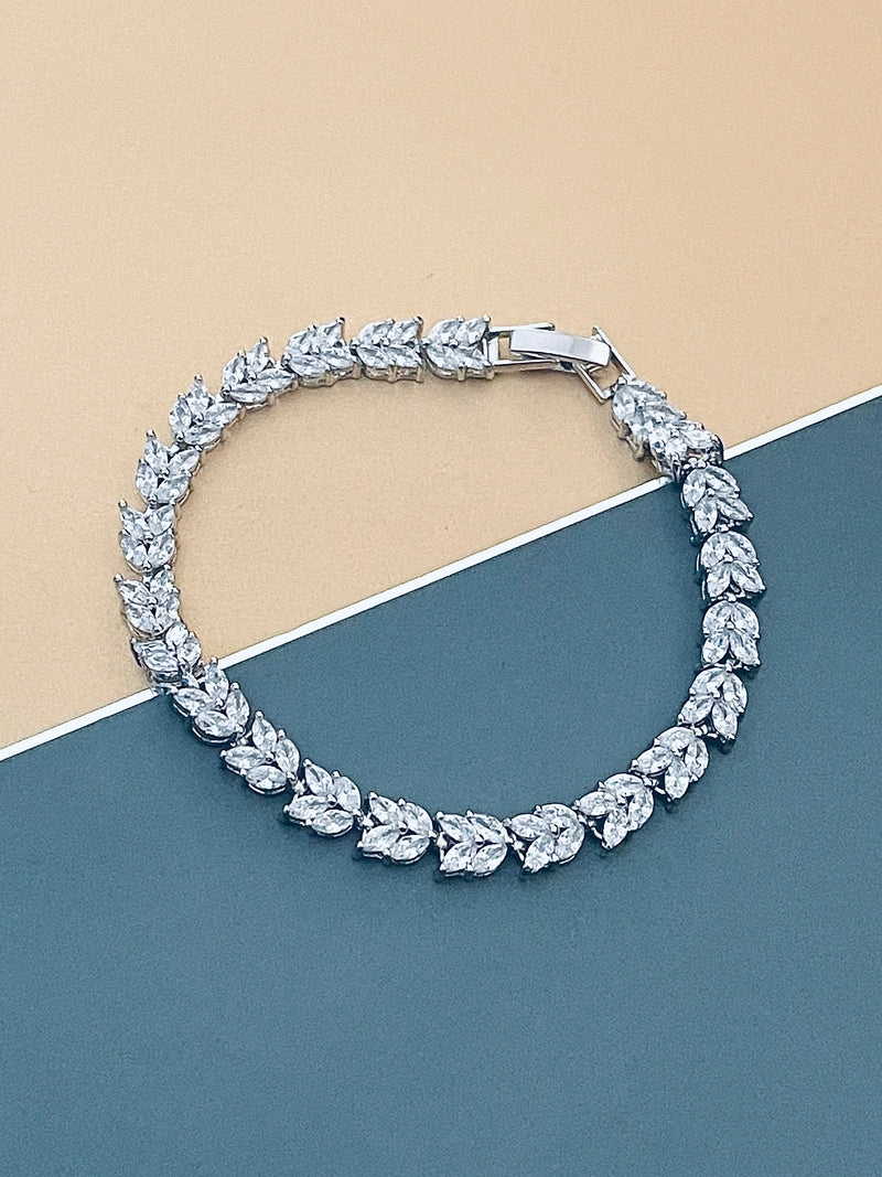 PAULETTE - 7" Leaf-Patterned Marquise CZ Bracelet In Silver - JohnnyB Jewelry