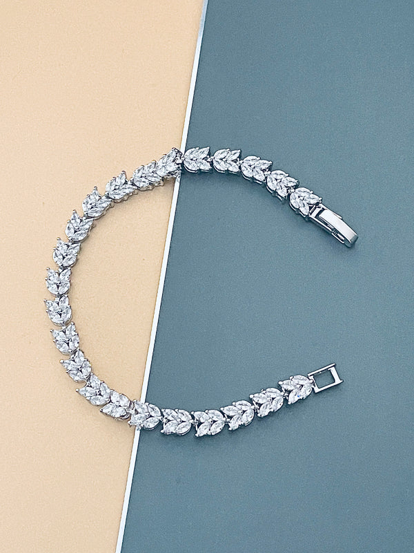 PAULETTE - 7" Leaf-Patterned Marquise CZ Bracelet In Silver - JohnnyB Jewelry