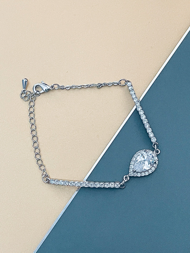 INDIA - Small CZ-Surrounded Large Teardrop Medallion Bracelet In Silver