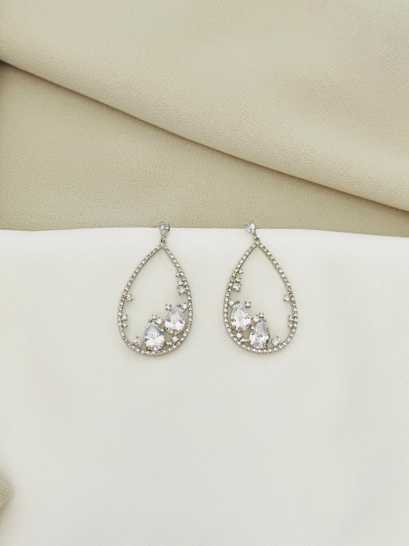 ASTRID - Unique Open Teardrop With Crystals Drop Earrings In Silver