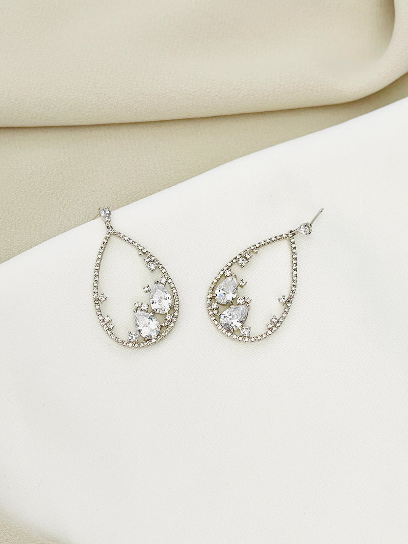 ASTRID - Unique Open Teardrop With Crystals Drop Earrings In Silver