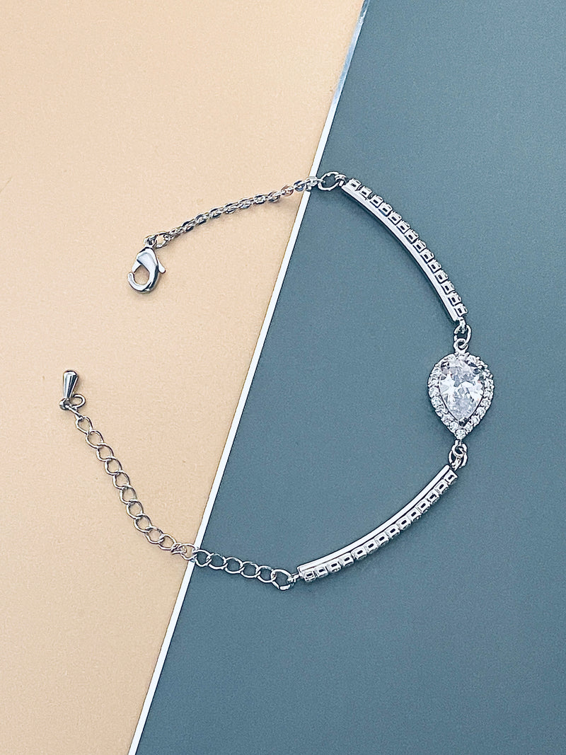 INDIA - Small CZ-Surrounded Large Teardrop Medallion Bracelet In Silver