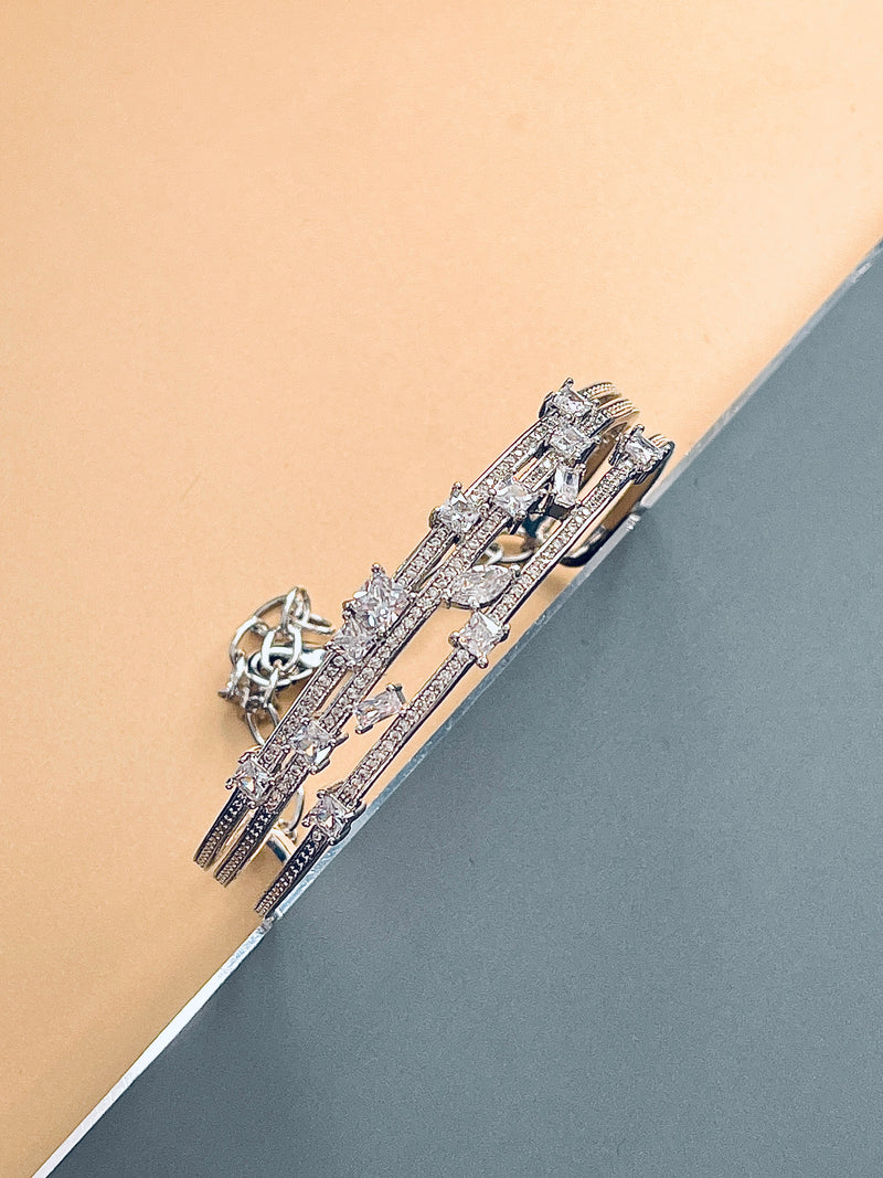 MERCEDES - Modern Cuff and Chain Bracelet With Three CZ Rows Bracelet In Silver