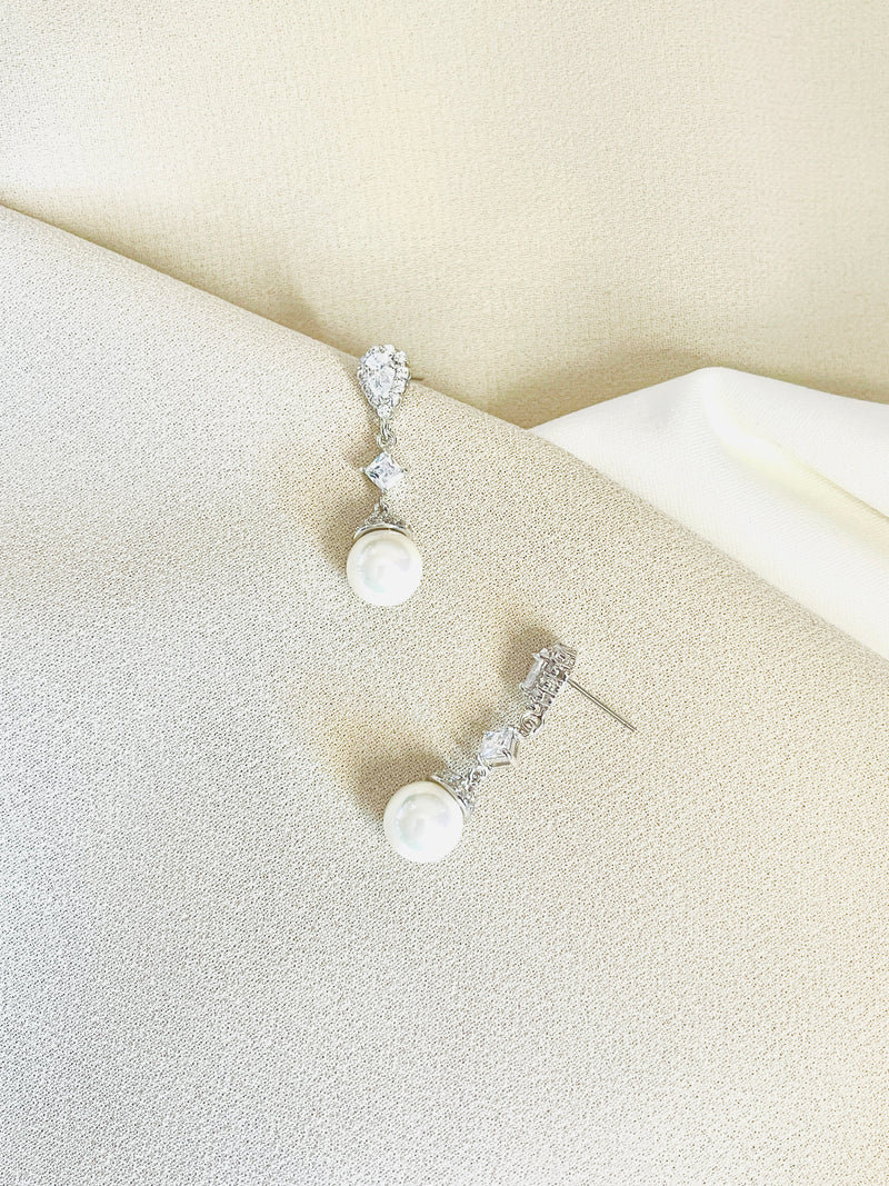 EMELIA - Delicate Drop Pearl Earrings In Silver - JohnnyB Jewelry