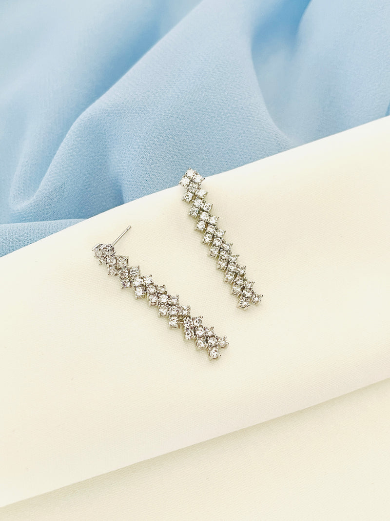 ZABRINA - Slim Long Small Round CZ Drop Earrings In Silver