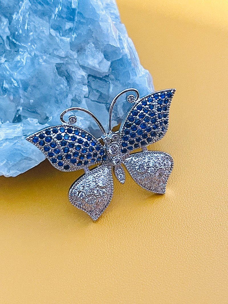 BELLORA - Sapphire Blue Butterfly CZ Brooch Pin In Silver